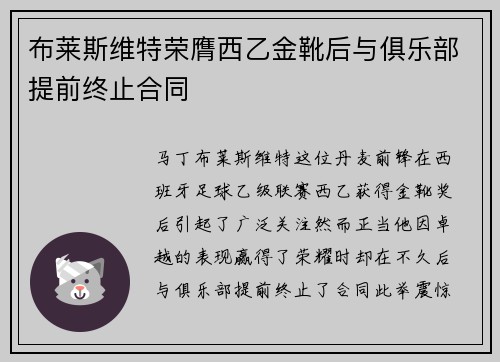 布莱斯维特荣膺西乙金靴后与俱乐部提前终止合同 布莱斯维特荣膺西乙金靴后与俱乐部提前终止合同
